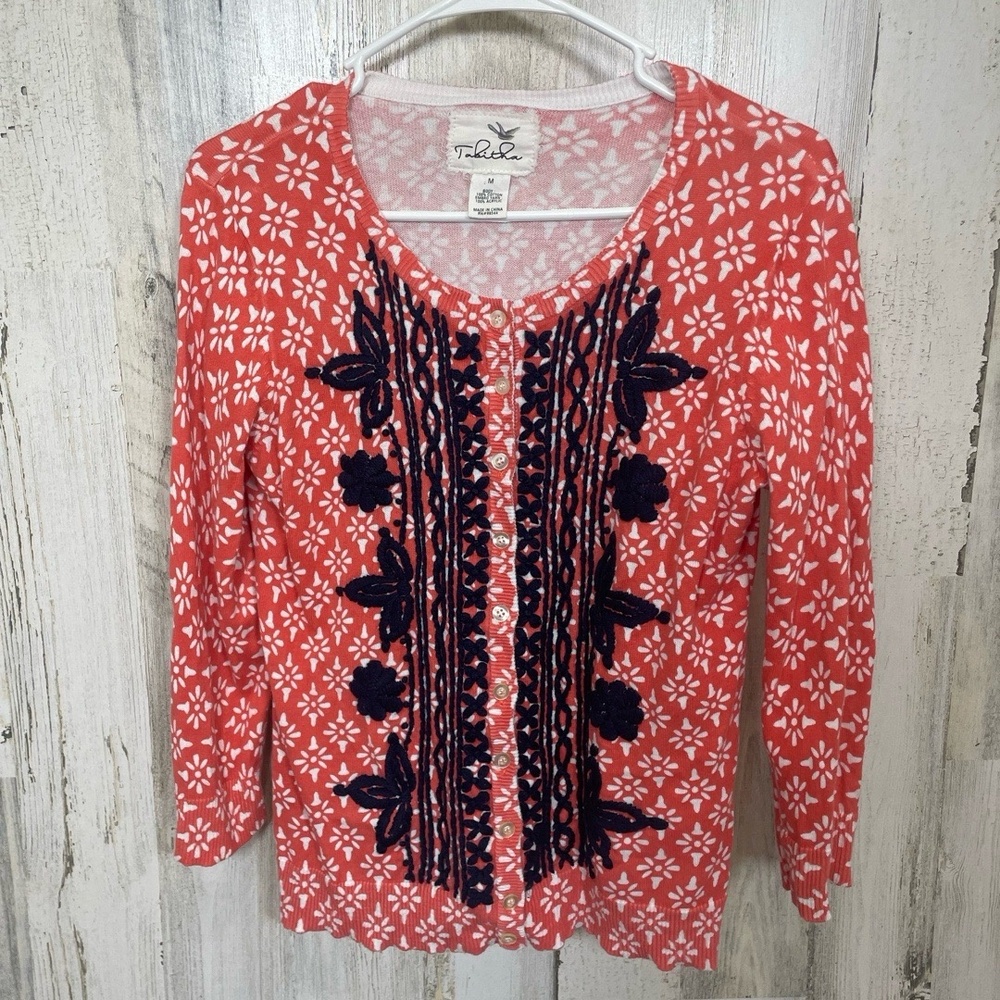 Tabitha Anthropologie Embroidered Cardigan size M Coral‎ Navy Preppy Hamptons